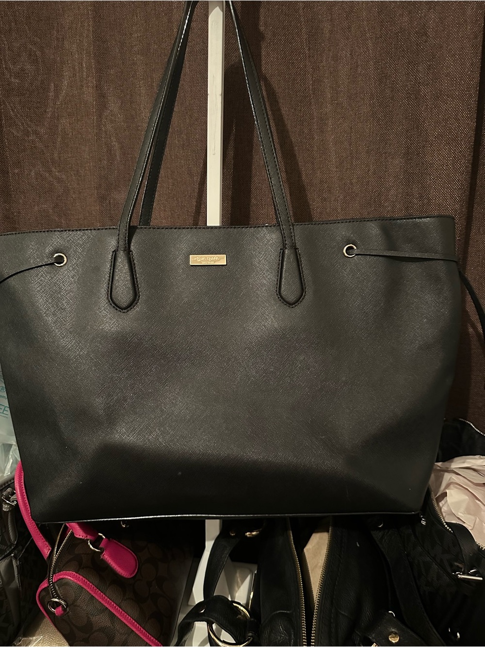 kate spade Black Saffiano Leather Tote with Gold Accent
